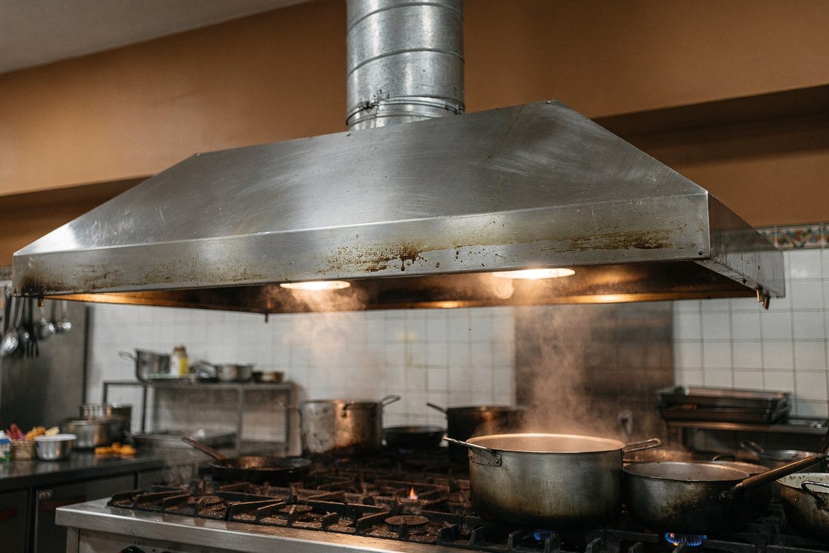 Campana extractora industrial con ducto galvanizado instalado