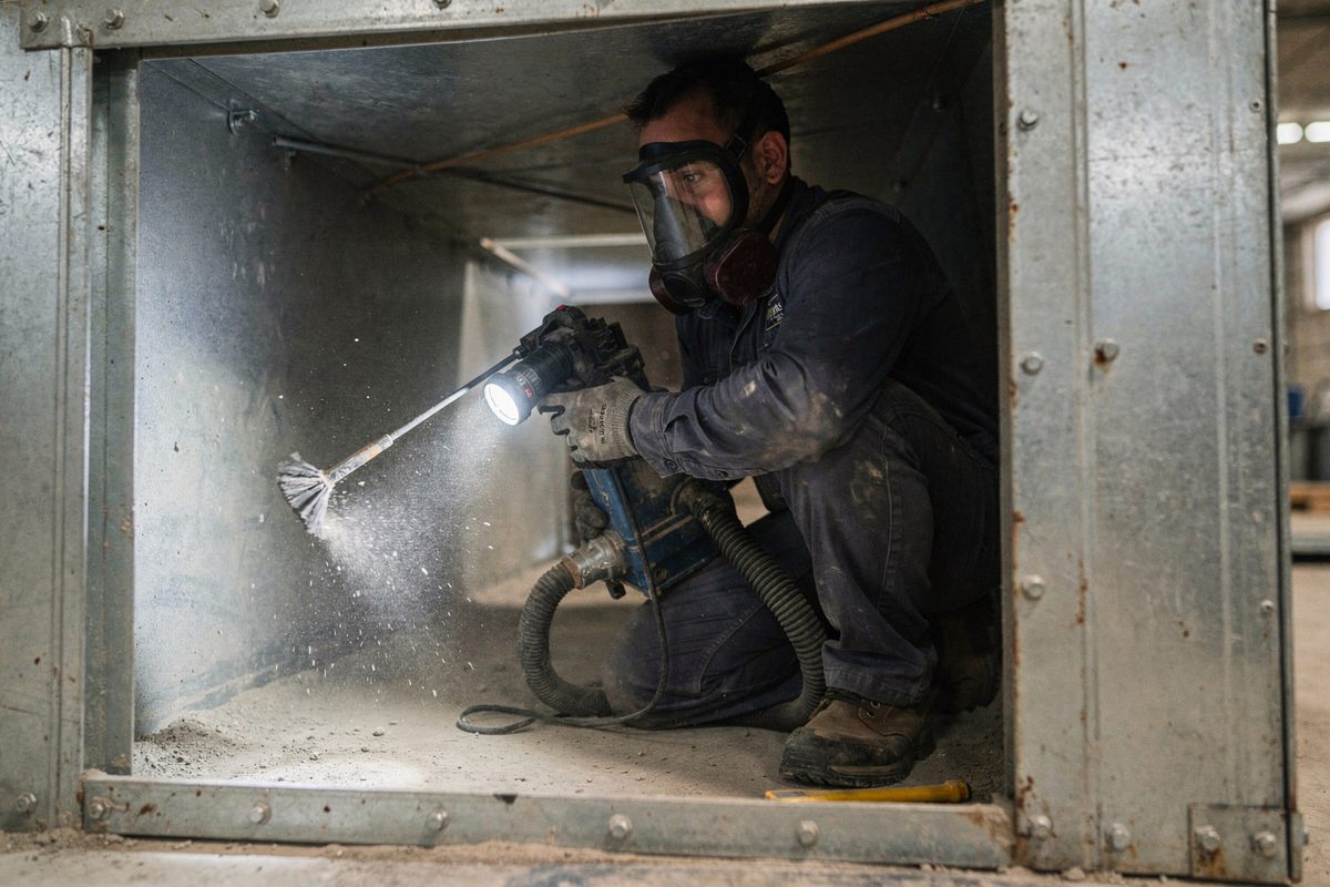 Técnico limpiando el interior de un tramo de ducto abierto
