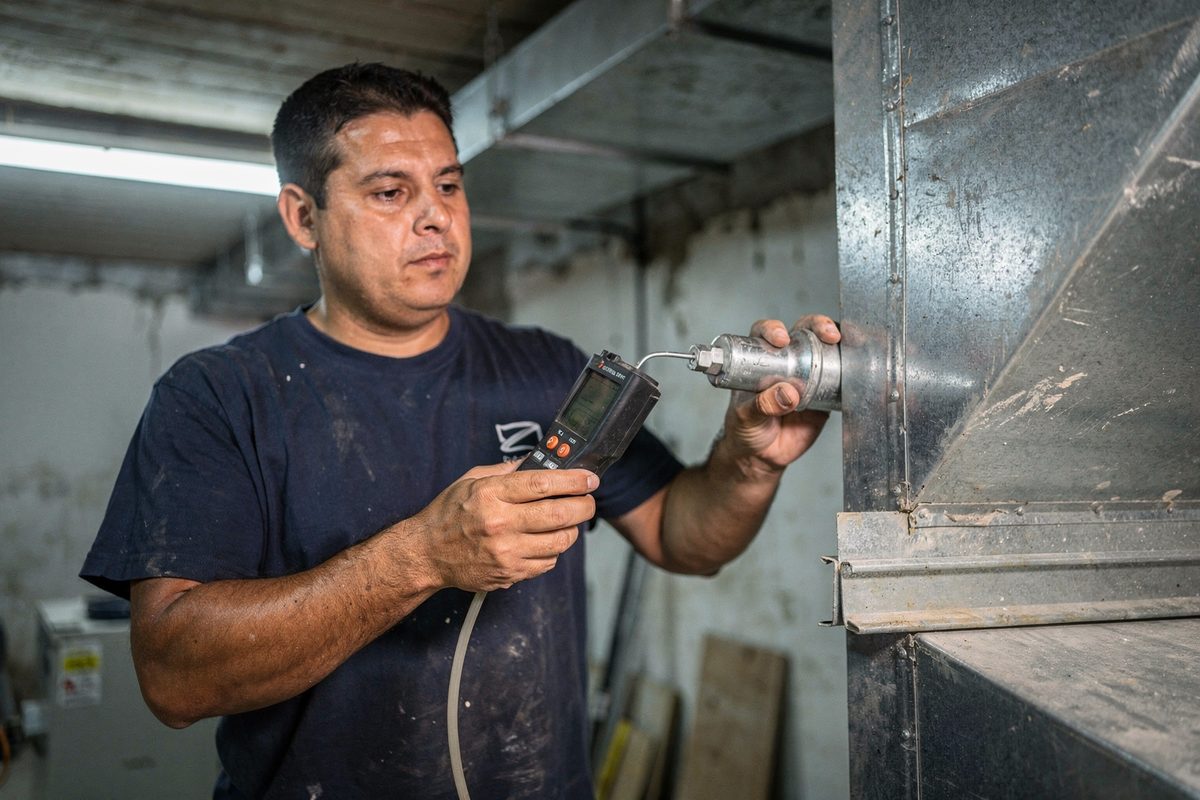 Técnico midiendo presión estática con manómetro sobre un conducto