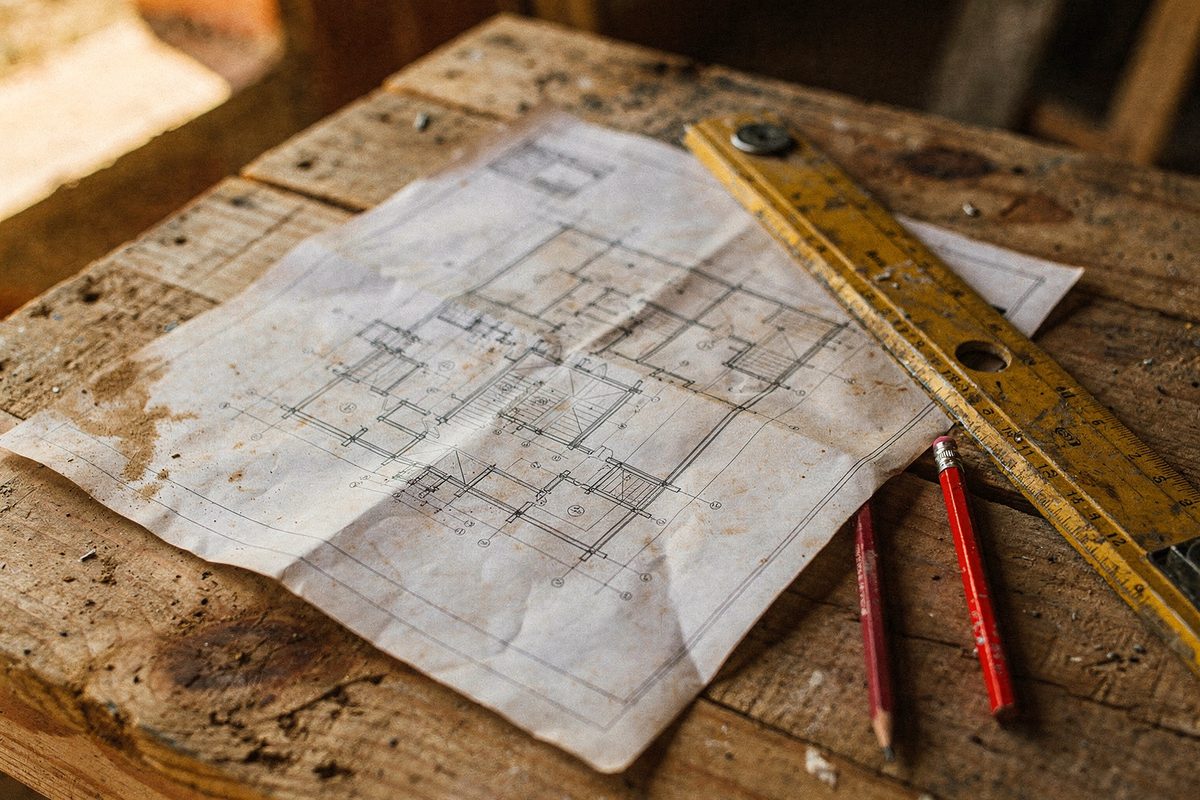 Plano as-built desplegado sobre una mesa de obra