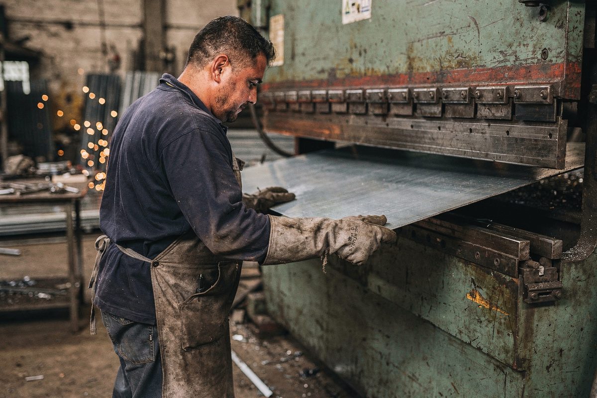 Operario plegando una lámina de chapa galvanizada en el taller